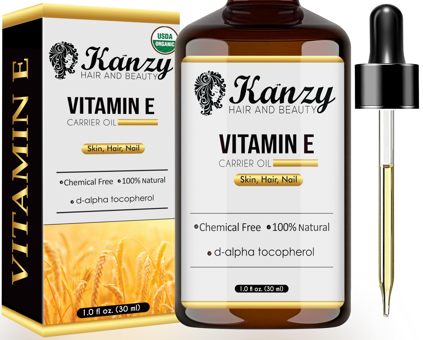 Óleo líquido de vitamina E 100% natural cuidados faciais Kanzy para pele e cabelos, 60 ml.