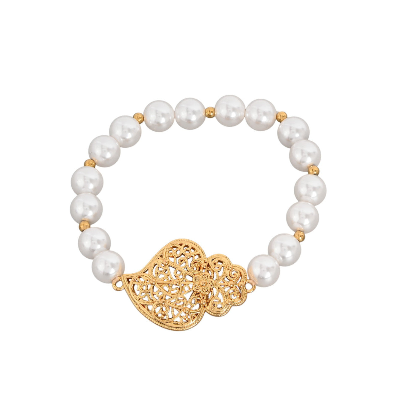 pulseira de pérolas coração de Viana com pendente em filigrana dourada e pérolas brancas da Carmo Joalheiros