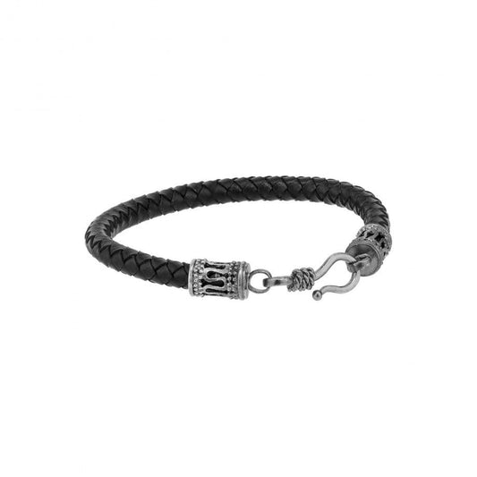 pulseira marinheiro masculina prata Topázio 1874 couro trançado preto com fecho gancho e detalhes em prata