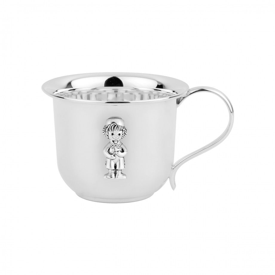 caneca boneco de trapos prata Topazio 1874 copo infantil em prata polida com alca e relevo de boneco