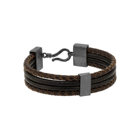 pulseira de prata masculina Topázio 1874 de couro marrom com múltiplas tiras e fecho em prata oxidada