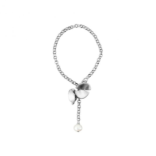 Pulseira feminina fuji Carmo Joalheiros em prata com corrente elos detalhe floral e pendente perola