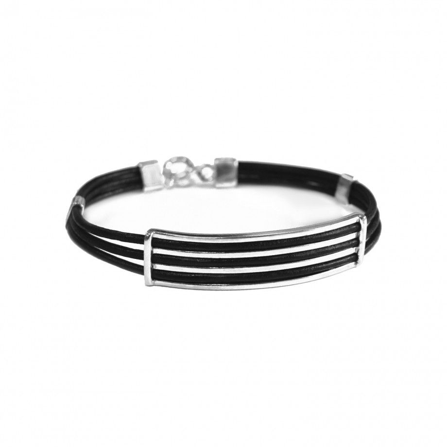 pulseira masculina em prata Topazio 1874 com tiras de couro preto e detalhes em prata polida