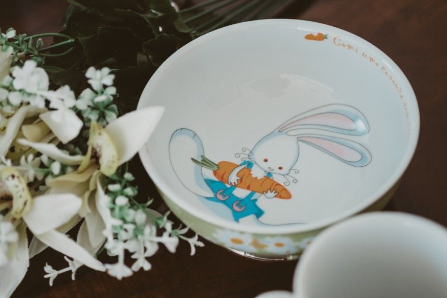 taça de porcelana coelhinho Topázio 1874 com ilustração de coelho e cenoura ideal para servir sopas e sobremesas