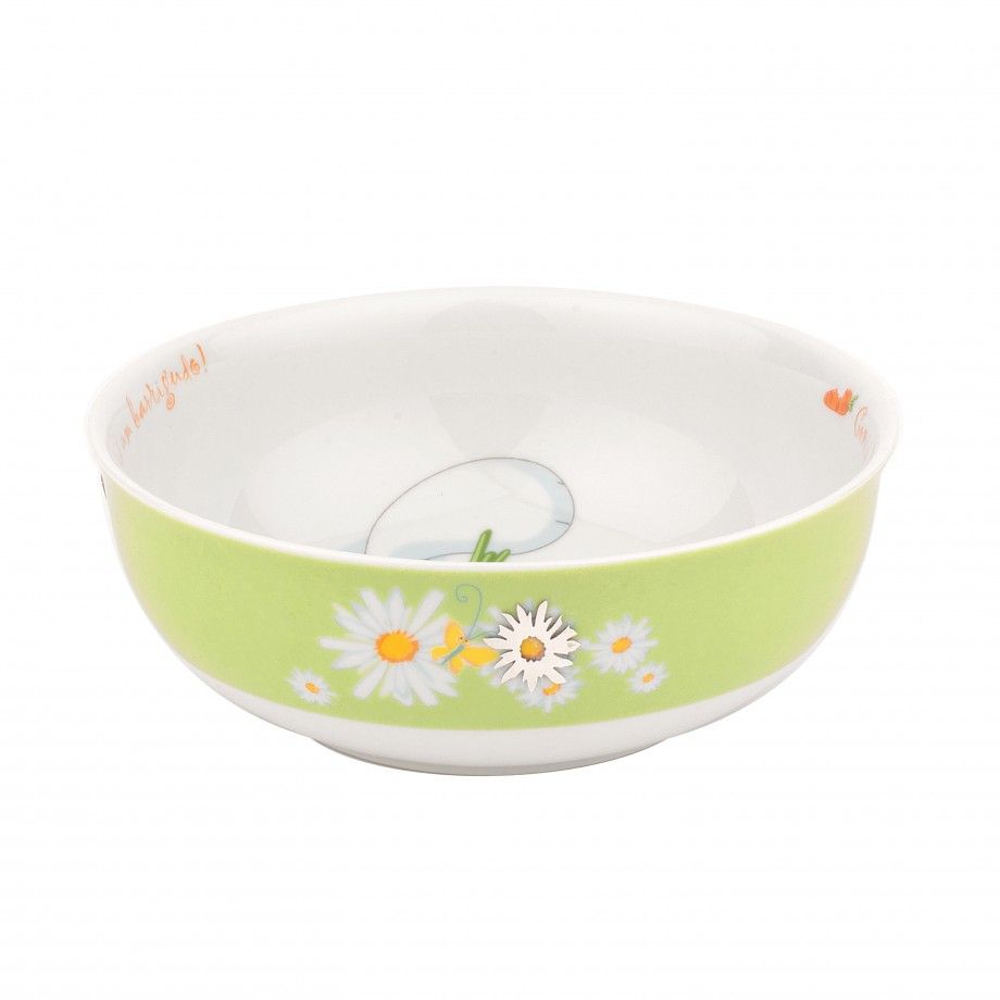 tigela coelhinho porcelana Topazio 1874 tigela de porcelana branca com faixa verde flores margaridas e desenho de coelho