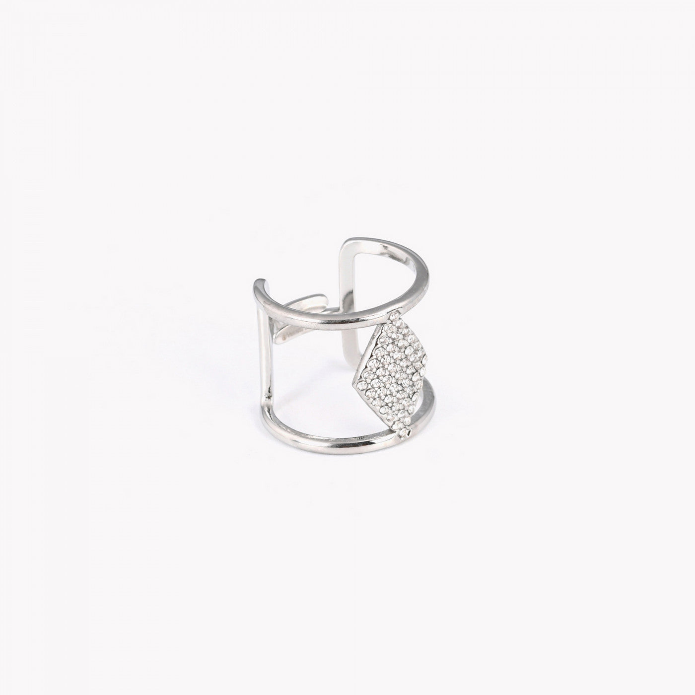 anel ajustável aço feminino Carmo Joalheiros com design duplo e losango cravejado de zircônia