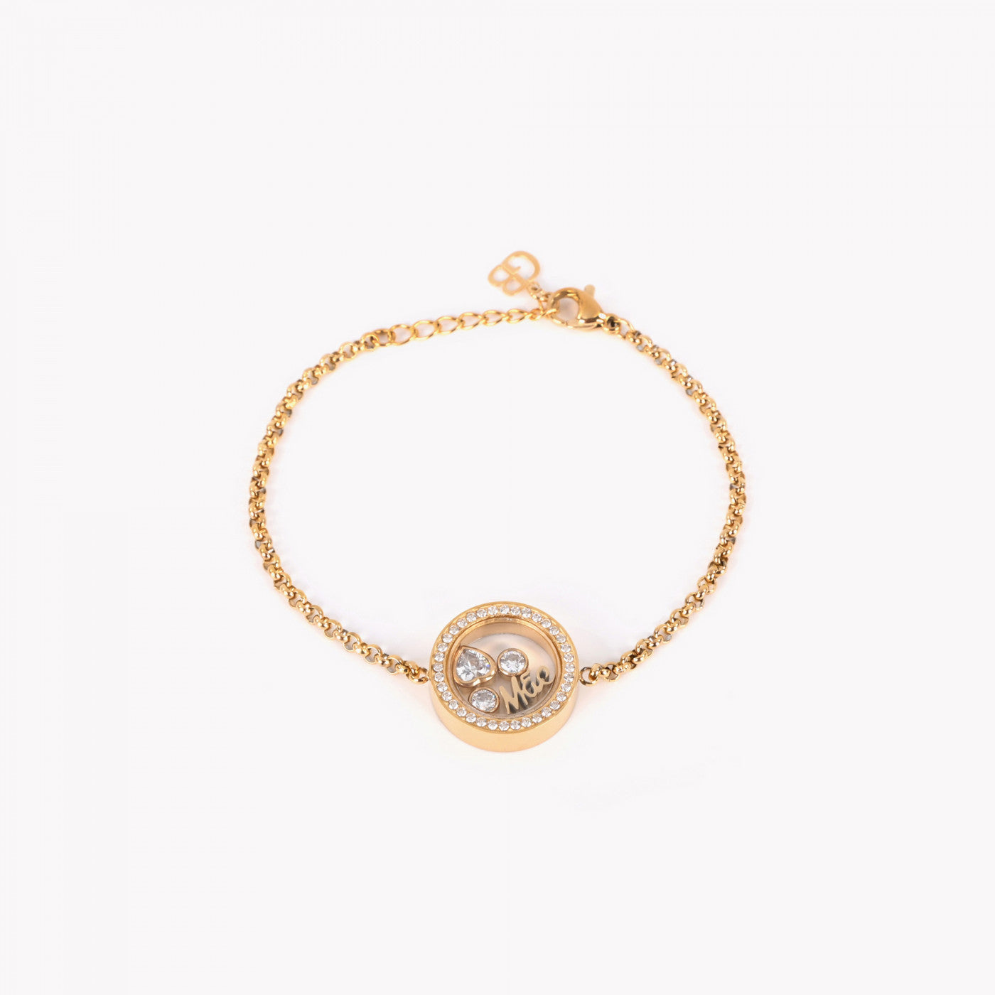 pulseira mãe aço inox Carmo Joalheiros corrente dourada pingente redondo com cristais e medalha Mom