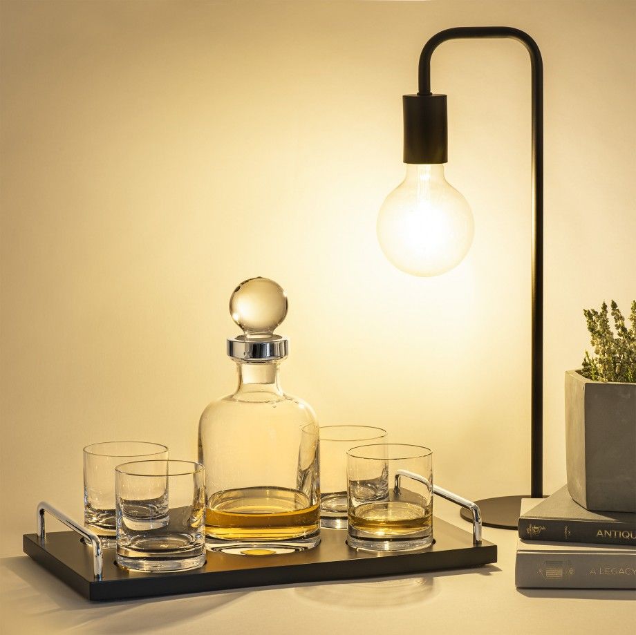 Conjunto de whisky bristol de vidro com garrafa e quatro copos em bandeja elegante Carmo Joalheiros