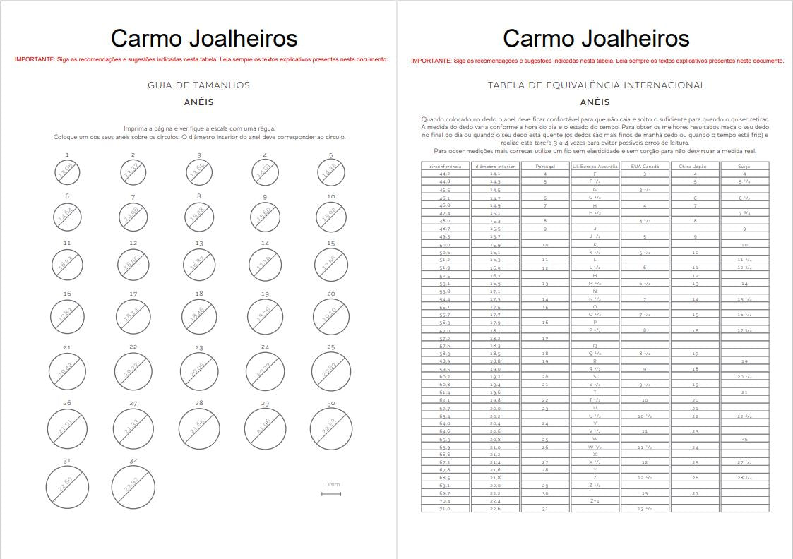 Guia de tamanhos e tabela de equivalência de anéis Carmo Joalheiros mostrando anel guardian prata e dourado da Topázio 1874