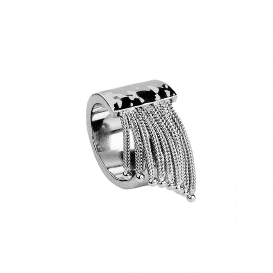 Topazio 1874 anel prata feminino de aro largo com placa polida e franja de correntes e bolas