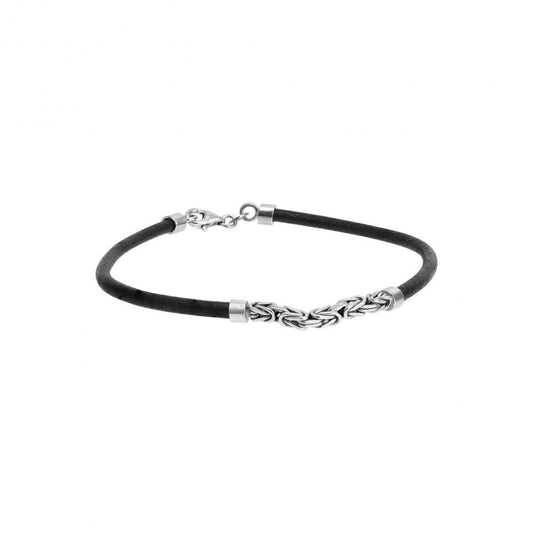 pulseira masculina de prata Topázio 1874 com cordão de couro preto e detalhe trançado em prata