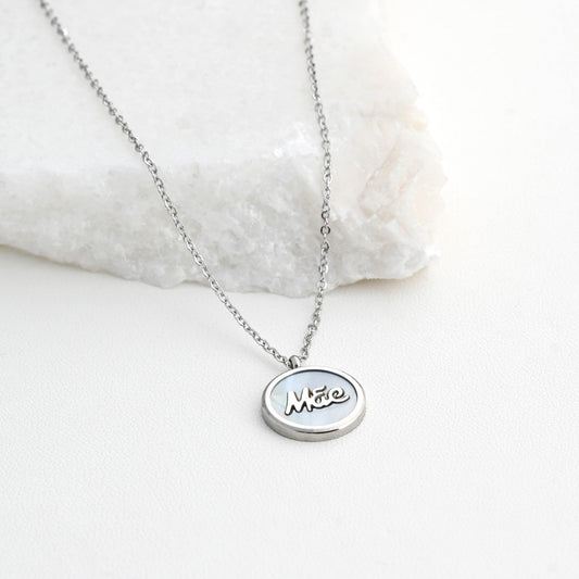 Steel necklace with mother of pearl and word MOTHER