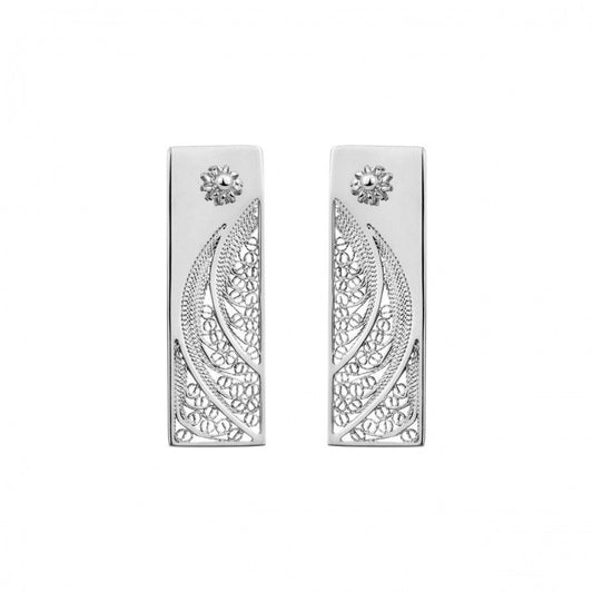 brincos filigrana portuguesa retangulares em prata com padrao semicircular e flor Carmo Joalheiros