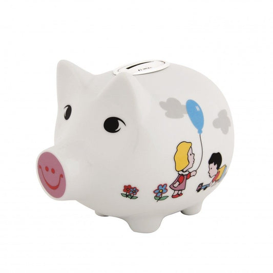 mealheiro porquinho músicos Topázio cofre cerâmico branco com ilustração de crianças flores e balão