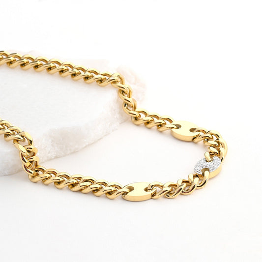 Thick mesh steel necklace with diamonds