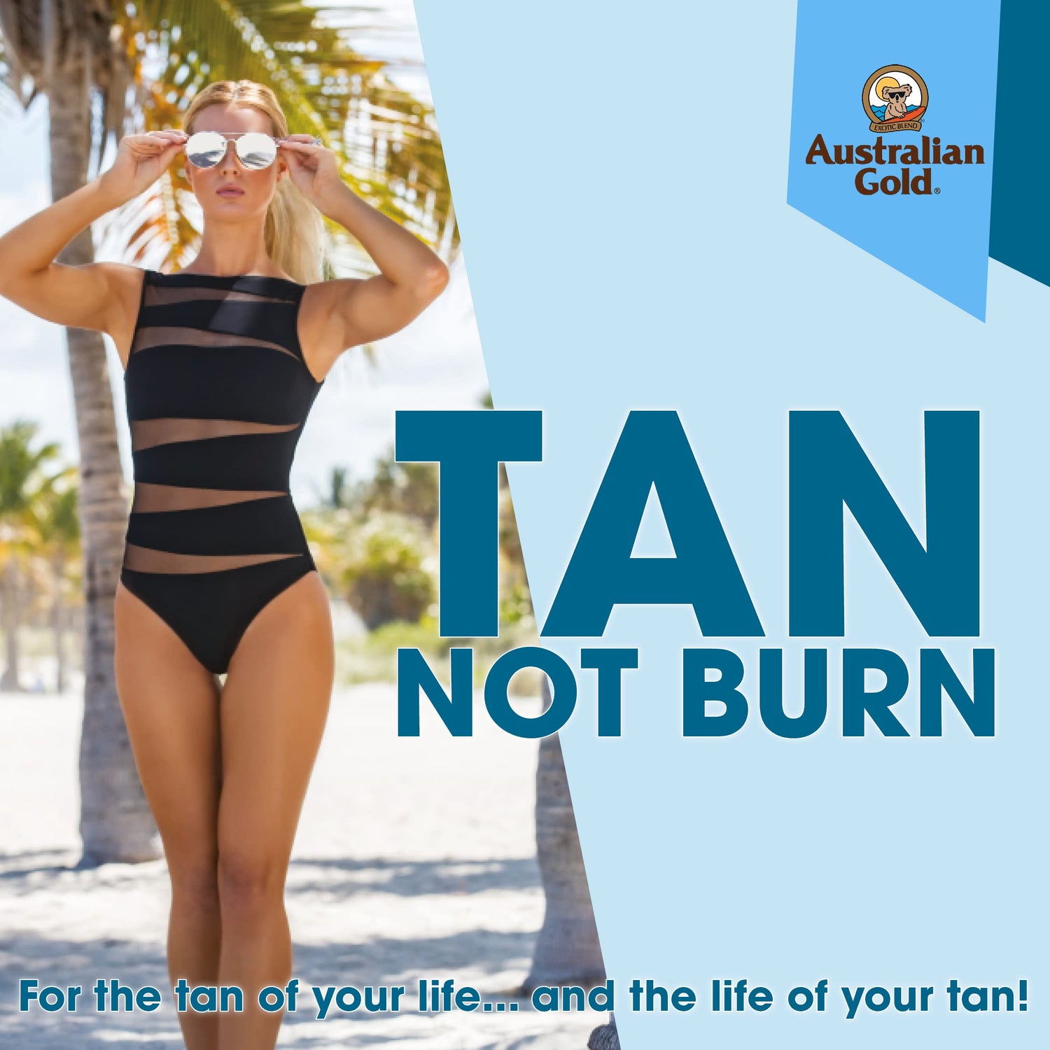 Mulher na praia com maiô preto perto de palmeira promovendo cosméticos Australian Gold online para bronzeado natural