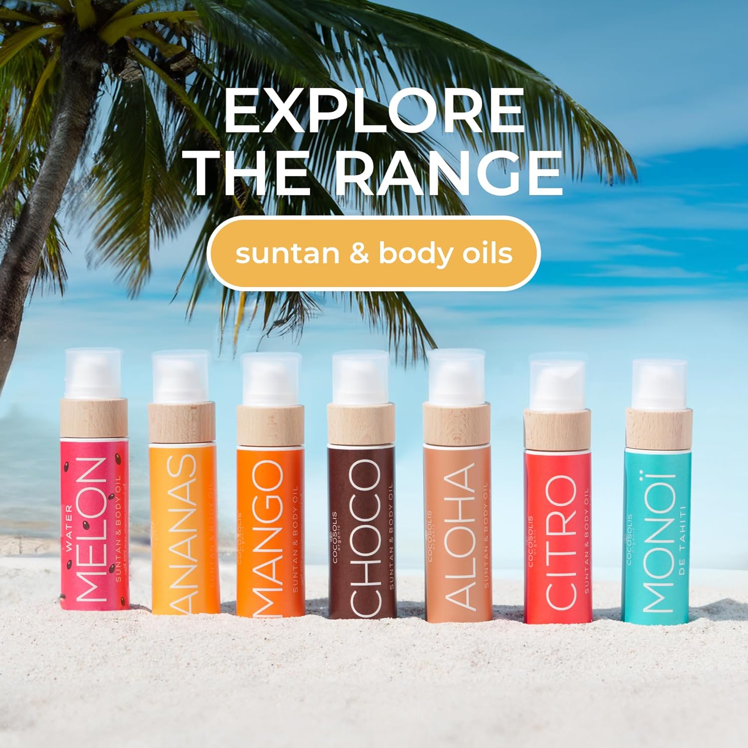 Linha de óleos corporais COCOSOLIS com fragrâncias naturais em embalagens coloridas na praia
