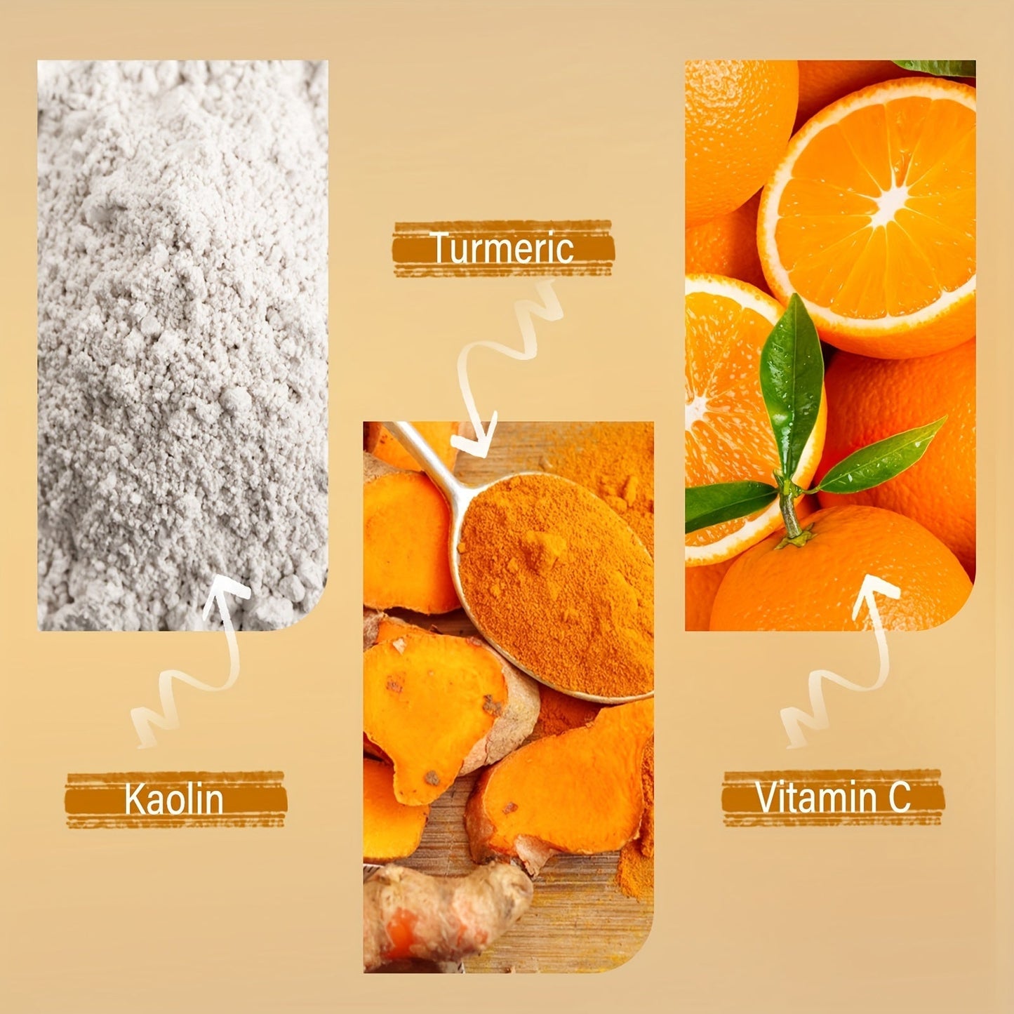 Máscara facial de curcuma e vitamina C composta por ingredientes como kaolin, açafrão e laranjas para pele radiante
