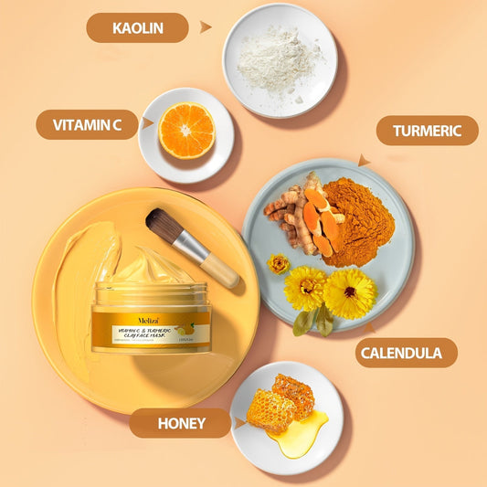 Máscara facial de curcuma e vitamina C com ingredientes como mel, calêndula, e kaolin, ideal para pele radiante