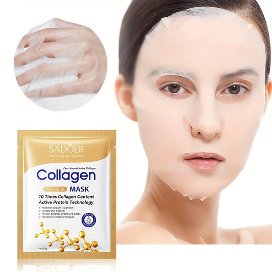 Máscara facial de colágeno hidratante aplicada no rosto, ideal para todos os tipos de pele, com embalagem destacada em fundo dourado