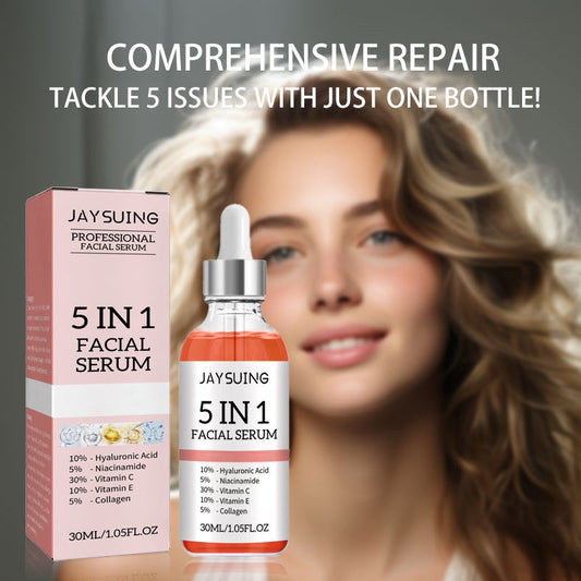 Sérum facial hidratante coreano 5 em 1 da JAYSUING em destaque, com embalagem e propriedades reparadoras em fundo suave
