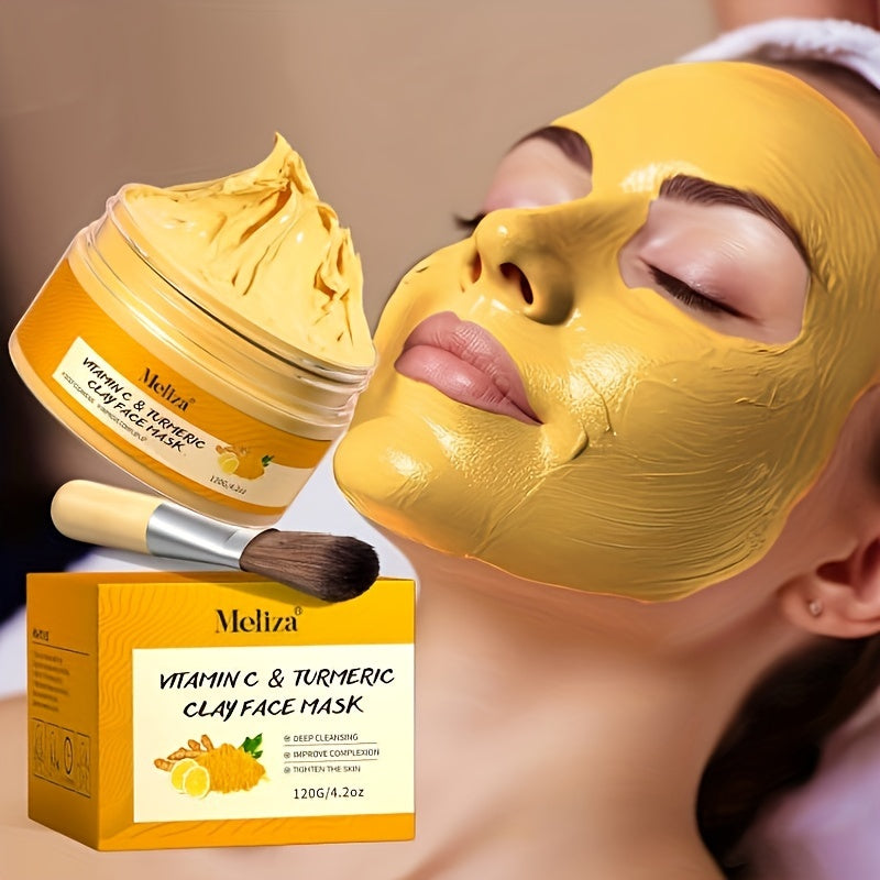 Máscara facial de cúrcuma e vitamina C sendo aplicada em pele radiante, destacando textura cremosa e embalagem atrativa
