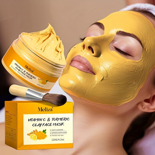 Máscara facial de cúrcuma e vitamina C sendo aplicada em pele radiante, destacando textura cremosa e embalagem atrativa