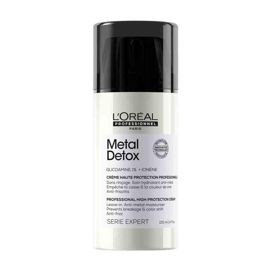 Creme Leave-in L'Oréal Professionnel, para cabelos danificados ou tingidos, cor mais duradoura e brilhante, para cabelos mais fortes, Metal Detox, 100 ml