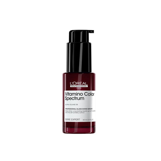 L'Oréal Professionnel, Serum Glass Shine, Brillo Profesional, Anti frizz, Protector Térmico, Hasta 10 lavados, Sin aclarado, Para todo tipo de Cabello, Vitamino Color Spectrum, Serie Expert, Mini 30ml