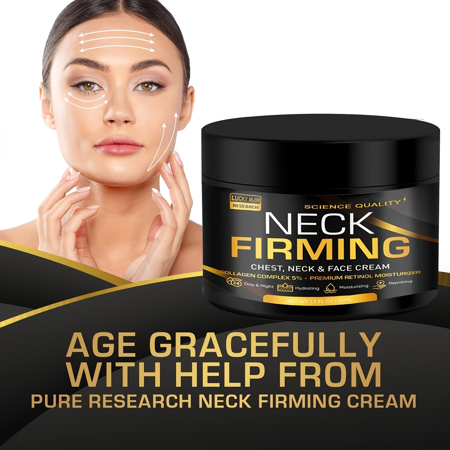 Creme firmador pescoco e rosto Lucky Musn, formula com complexo de colágeno e retinol para uma pele jovem e hidratada