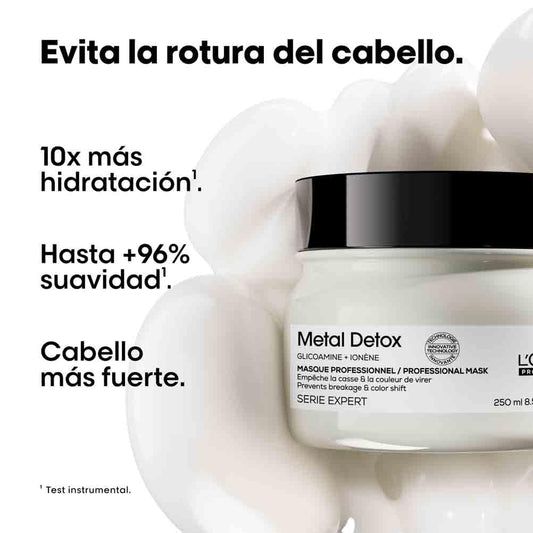 L'Oréal Professionnel, Máscara Protetora e Hidratante, para Cabelos Secos, Danificados ou Coloridos, Cor Mais Duradoura e Brilhante, para Cabelos Mais Fortes, Metal Detox, 250 ml