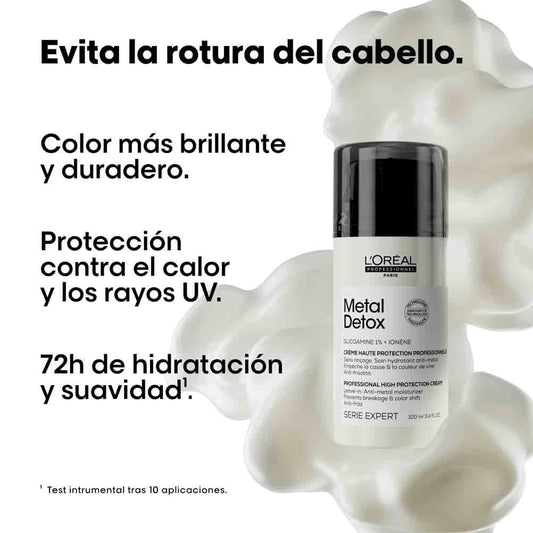 Creme Leave-in L'Oréal Professionnel, para cabelos danificados ou tingidos, cor mais duradoura e brilhante, para cabelos mais fortes, Metal Detox, 100 ml