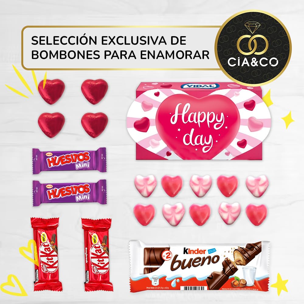 Caixa de presente original com 17 chocolates Kinder Bueno, cartões Kinder, Twix, Mars, Kit Kat, Huesitos, biscoito Lotus Biscoff e muito mais