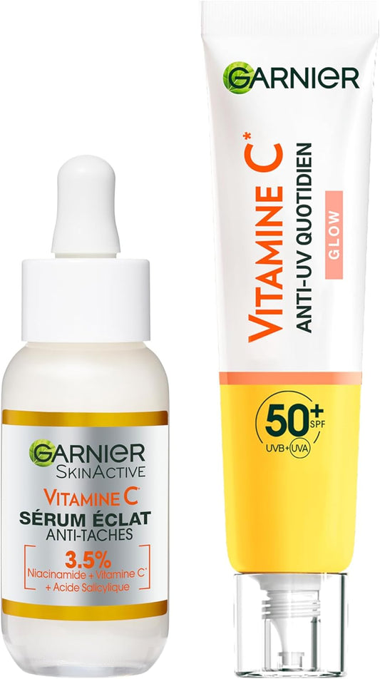 Pack Garnier Sérum Antimanchas 4% de Vitamina C, Niacinamida, Ácido Salicílico y Melasyl™.+ Garnier Vitamina C Fluido Antimanchas Anti-UV Diario Efeito Glow FPS50+,40 ml