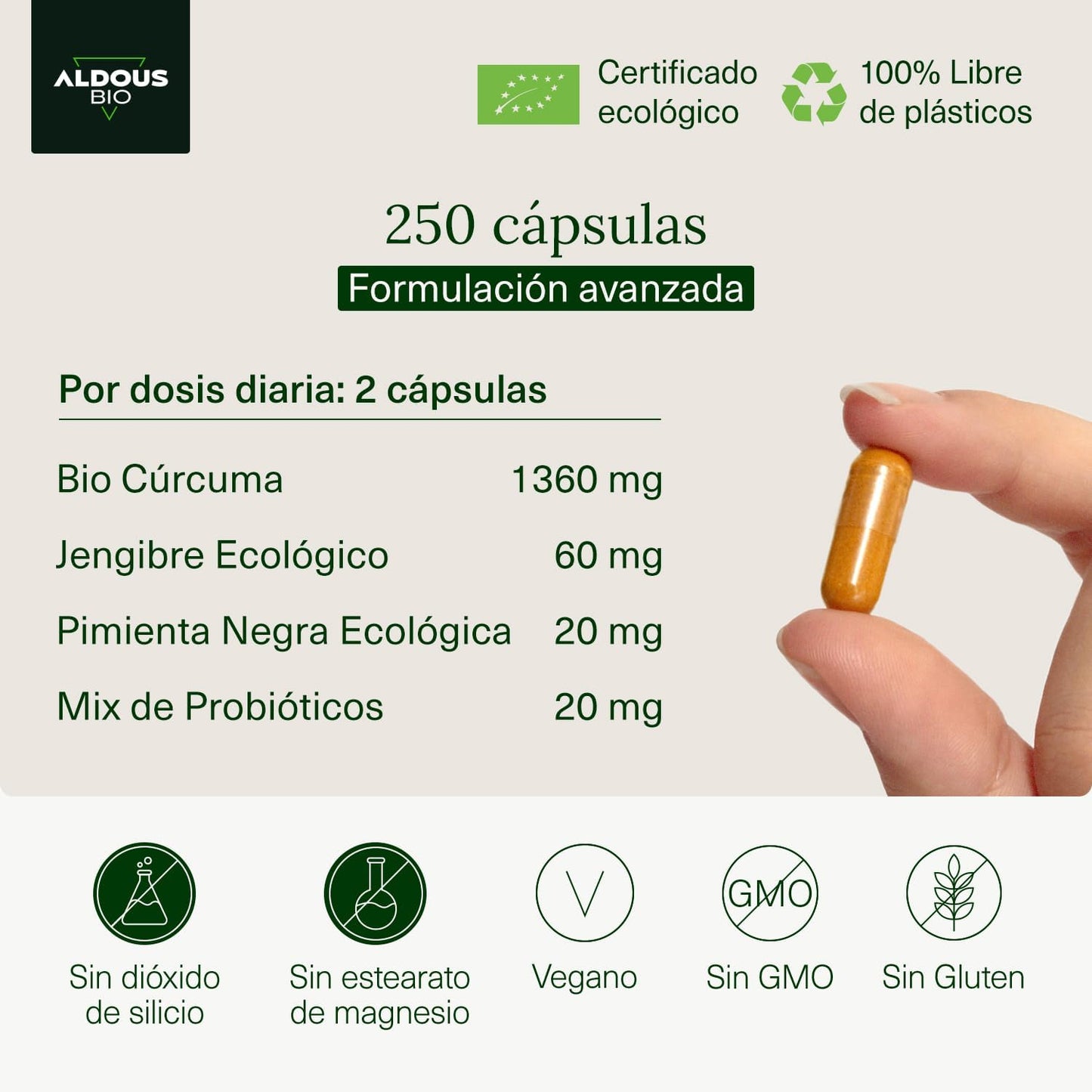 Suplemento Natural Curcuma Jengibre Aldous Labs - 250 Cápsulas