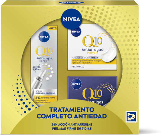 NIVEA Pack Rotina anti-envelhecimento Q10 4 semanas, caixa de presente com creme de dia com FP15 (1 x 50 ml), creme de noite (1 x 50 ml) e soro concentrado (1 x 15 ml)