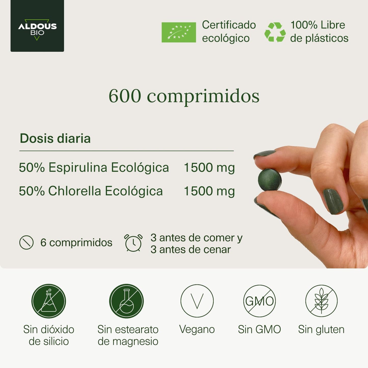 600 Comprimidos de Chlorella e Spirulina Aldous Bio