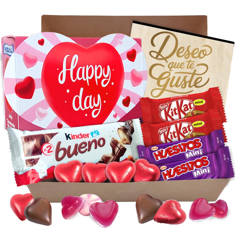 Caixa de presente original com 17 chocolates Kinder Bueno, cartões Kinder, Twix, Mars, Kit Kat, Huesitos, biscoito Lotus Biscoff e muito mais