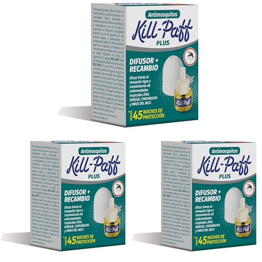 KILL-PAFF KIDS | Inseticida elétrico | Repelente de mosquitos | Eficaz contra mosquitos-tigre e transmissores de doenças tropicais | Sem cheiro | 45 noites de proteção | Conteúdo: 1 Diferencial + 1 Repelente