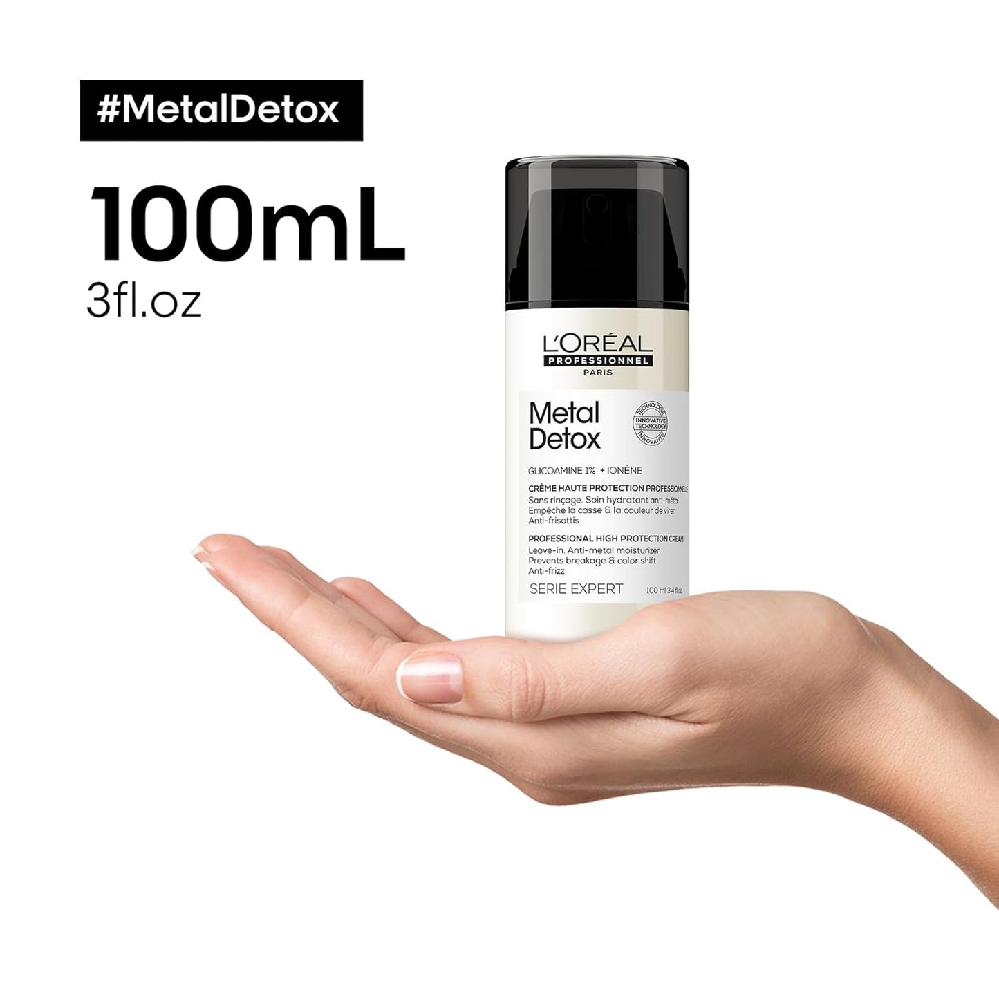 Creme Leave-in L'Oréal Professionnel, para cabelos danificados ou tingidos, cor mais duradoura e brilhante, para cabelos mais fortes, Metal Detox, 100 ml