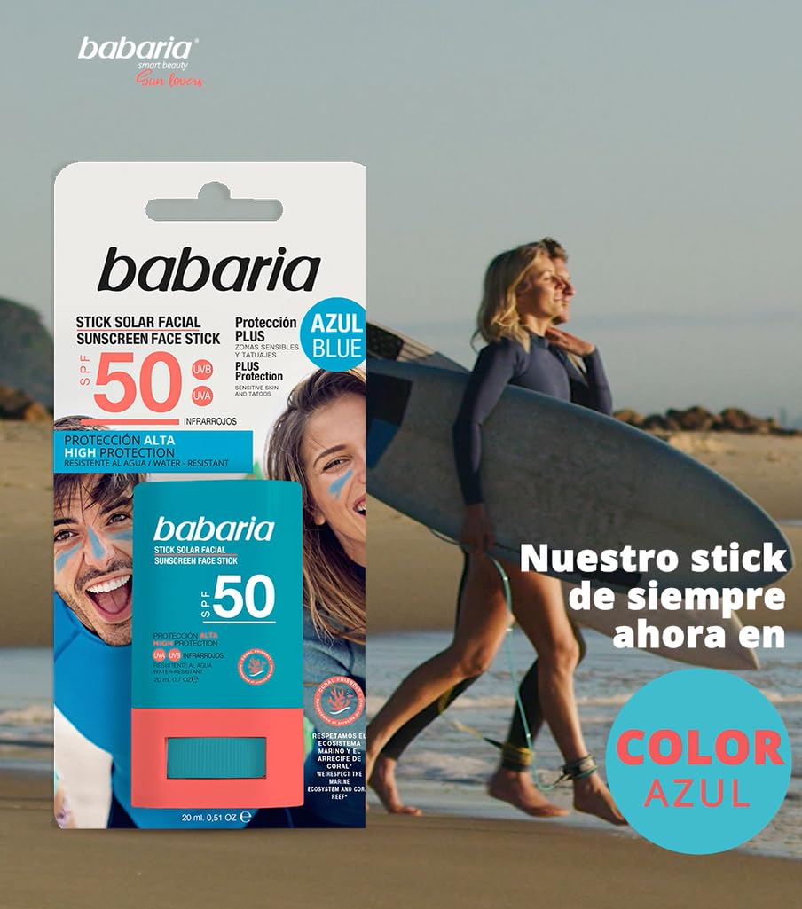 BABARIA- Bastão Solar Facial 50 Azul - 20g | Vara de surf | Proteção muito alta