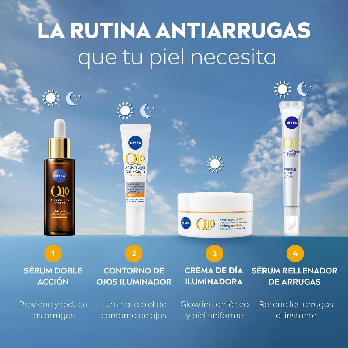 Sérum antirrugas Nivea Q10 de 30 ml com efeito duplo, protege a pele contra danos causados por açúcares e reduz rugas.