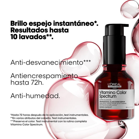 L'Oréal Professionnel, Serum Glass Shine, Brillo Profesional, Anti frizz, Protector Térmico, Hasta 10 lavados, Sin aclarado, Para todo tipo de Cabello, Vitamino Color Spectrum, Serie Expert, Mini 30ml
