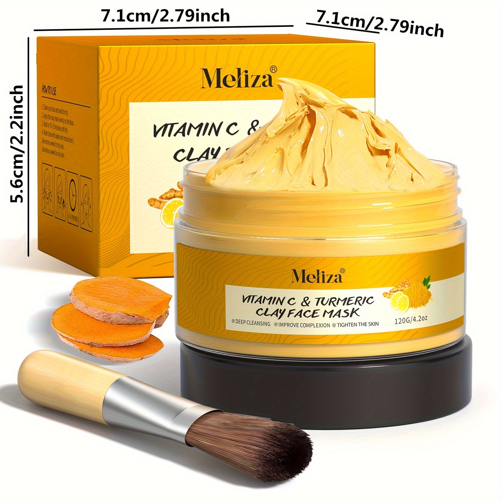 Máscara facial de curcuma e vitamina C em embalagem amarela com pincel, ideal para pele radiante e limpeza profunda