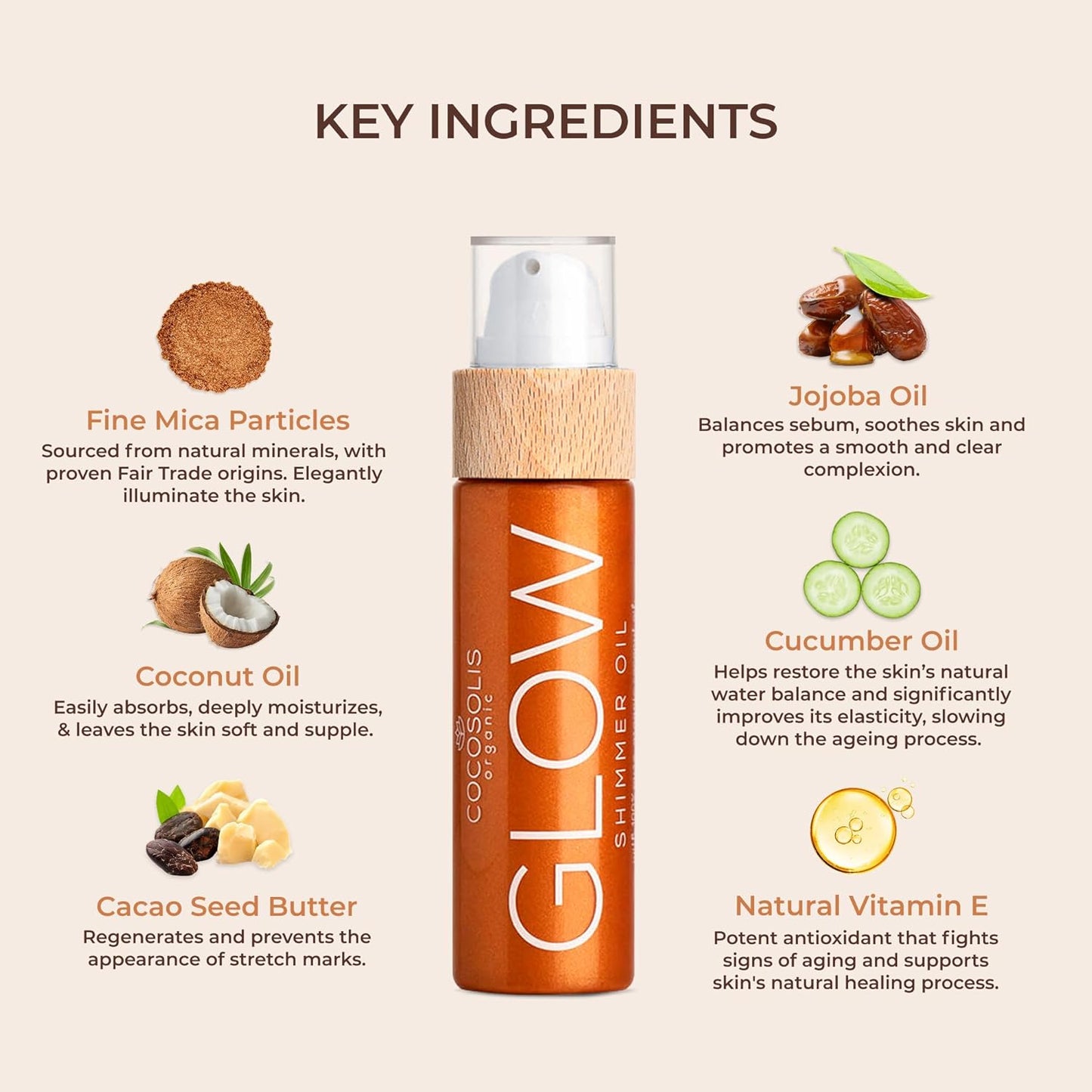 COCOSOLIS Glow Aceite Brillante - Hidratante Bio Oil - Brilho Bronzeador para Rosto e Corpo - Nova Fragrância de Biscoito (110 ml)