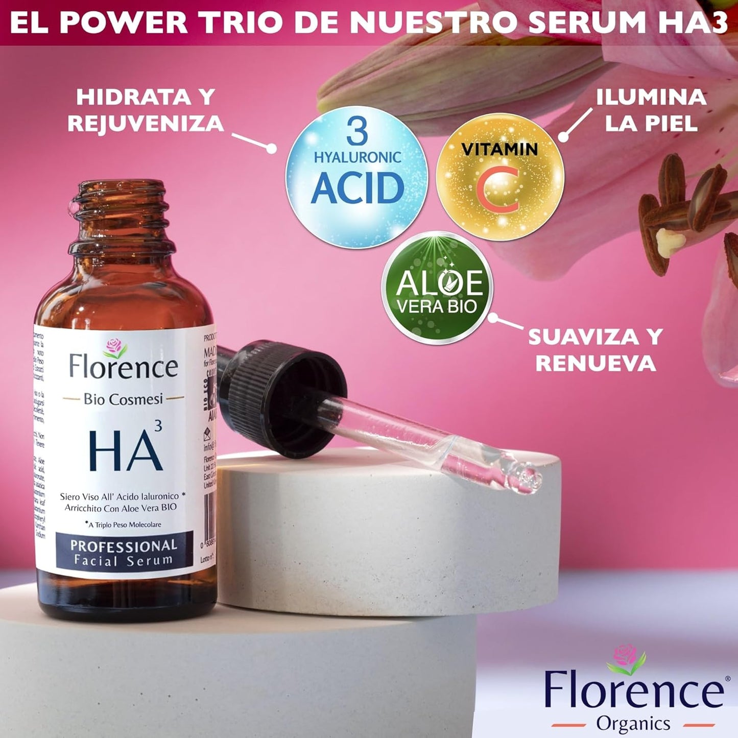 Bio Serum Facial com Ácido Hialuronico Puro Triplo Florence