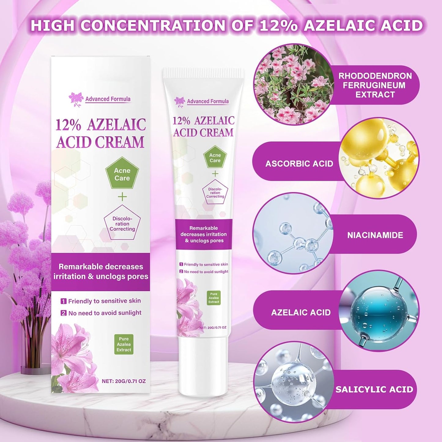 Soro de ácido azelaico 12%, limpa os poros, clareia marcas de acne (20 g)