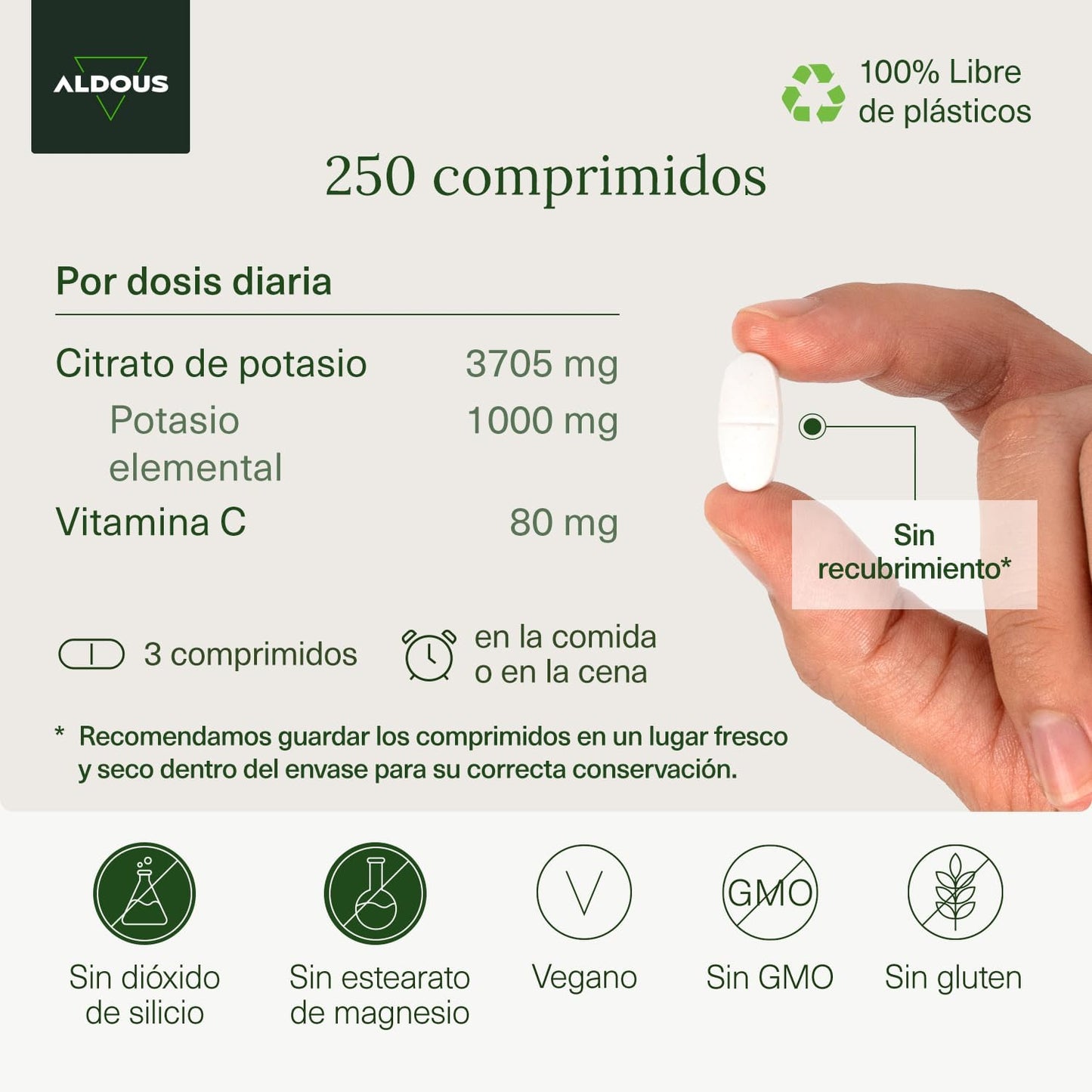 Citrato de Potasio 3705 mg - 250 comprimidos Sin Recubrimiento - Potasio Puro 1000 mg + Vitamina C 80mg - Suplemento Deportivo - Músculos, Tensión Arterial, Sistema Nervioso - Libre de Plásticos