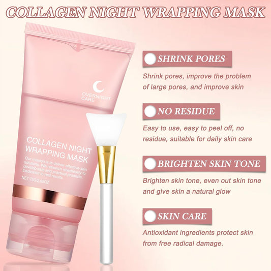 Máscara facial coreana noturna em gel com bio-colágeno, ideal para cuidados da pele, promovendo brilho e reduzindo poros