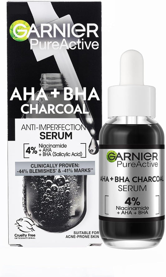 Sérum facial anti-imperfeicoes Garnier PureActive AHA+BHA com carvão, 30ml em embalagem com pipeta